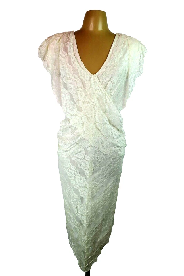 Vtg 90s Contempo Casuals White Ruffle Bridal Bodycon Lace Wedding Dress Sz 9/10 - Image 2 of 4