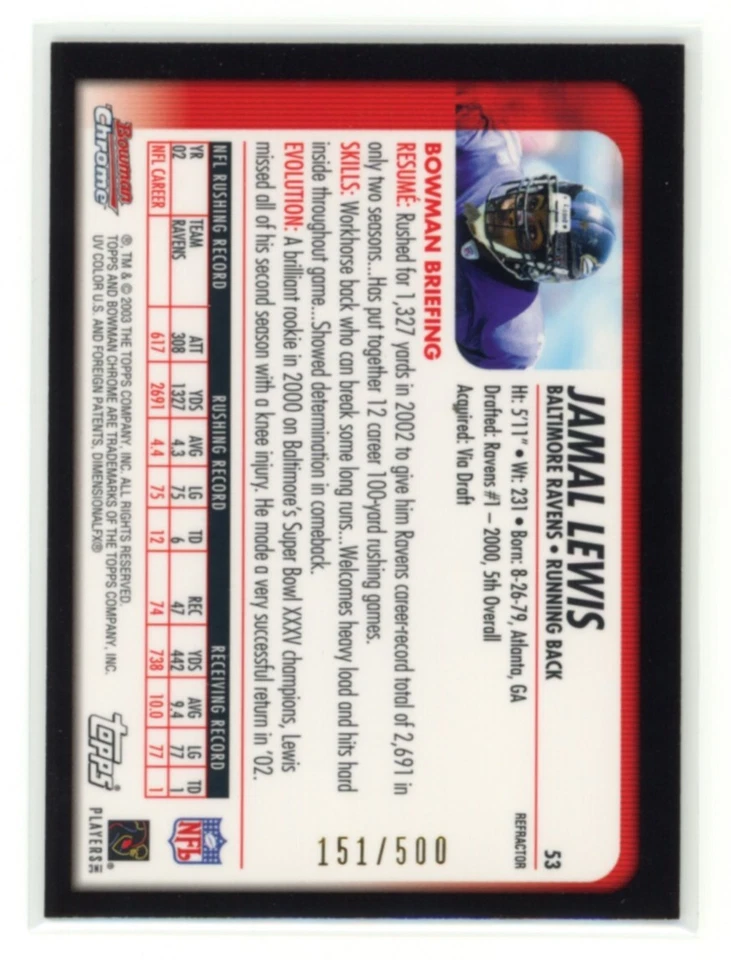 JAMAL LEWIS 2003 Bowman Chrome Refractor #53 151/500 - Image 2 of 2