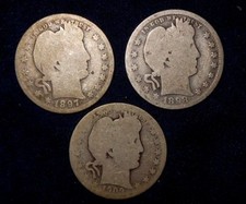 Lot mixte 25C quart de barbier 1897-O 1898-O 1909-O ~TROIS MARQUES CLAIRES COMME NEUVES~