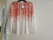 H&M -Tie-detail Blouse puff sleeves foral Sz White/coral BNWT