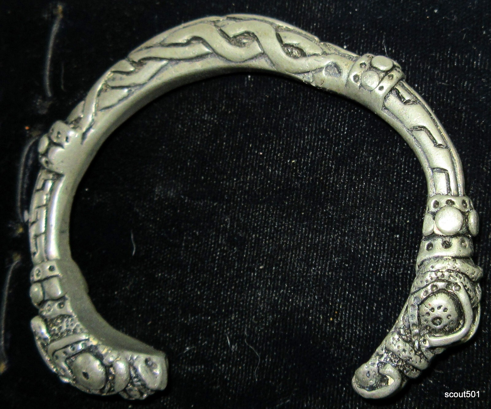 Vintage 70s Pewter Viking Warrior Norse Stylized Wolf Dragon Head Cuff Bracelet
