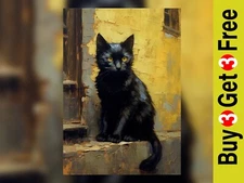 Mystic Black Cat Oil Painting Print - Enigmatic Art Decor 5" x 7"
