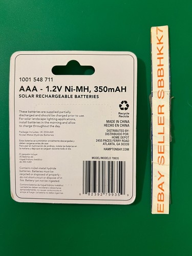 Hampton Bay AAA Solar Rechargeable Batteries 1.2volt Ni-MH 350mAH New Sealed - Picture 2 of 2