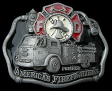 AMERICA'S FIREFIGHTERS PUMPER TRUCK BELT BUCKLE VINTAGE 1985 C J
