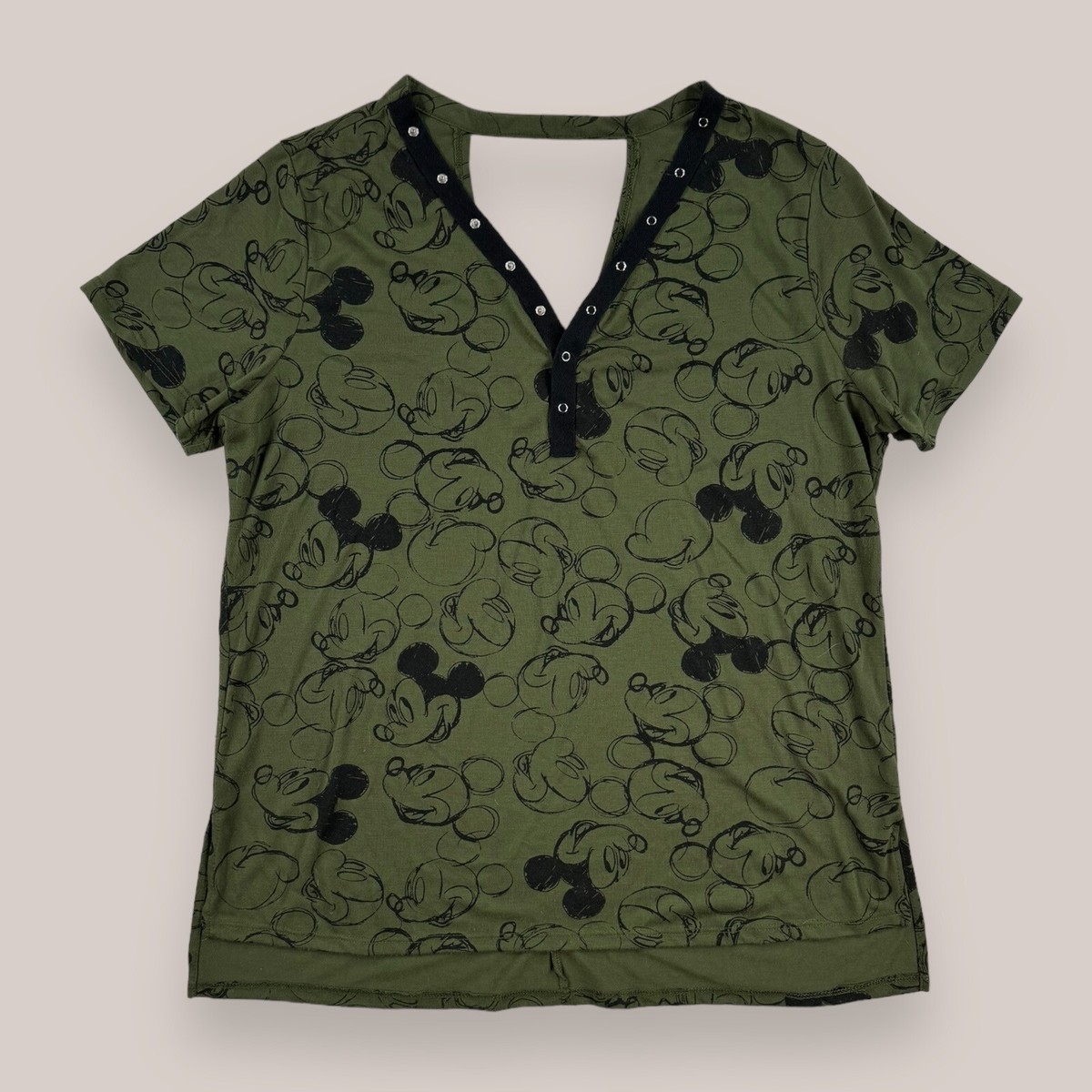 Disney Mickey Mouse Sketch Green V Neck Shirt Top Short Sleeve