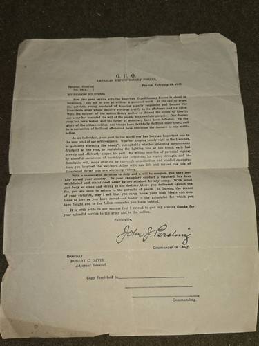 WWI American Expeditionary Forces General Pershing Letter Dated 1919