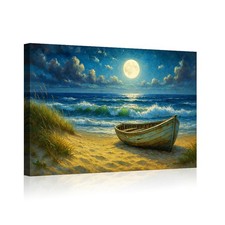 Moonlit Beach Boat Wall Art Canvas Poster Seascape Coastal Decor for Home