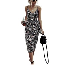 SHEIN Womens Midi Wrap Dress Abstract Print Spaghetti Strap Tie Waist Black Red