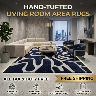 Navy Blue Abstract Area Rug Hand Tufted Wool Swirl Pattern Modern Living Room