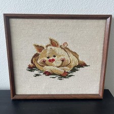 Framed Smiling Pig Picture Needlepoint Wood Frame 16" x 14"