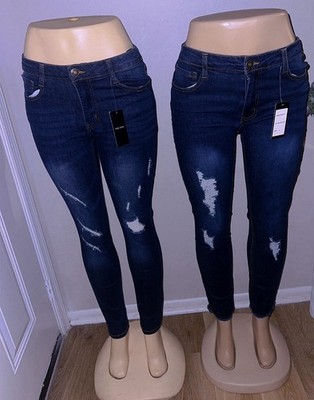 PRO STAR Distressed Stretch Skinny Jeans Dark Blue Denim Button Zip 5-Pocket