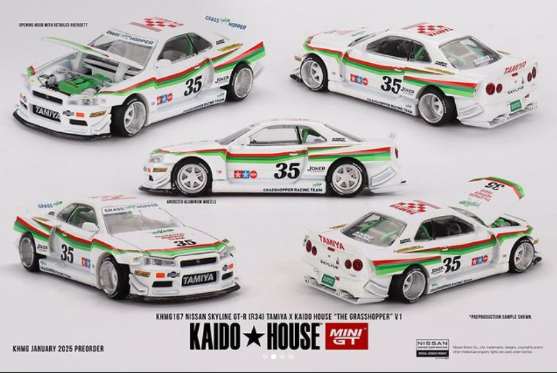 Kaido House x Mini GT Nissan GT-R R34 The Grasshopper V1 Tamiya #167 1/64