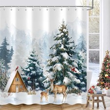 Winter Christmas Shower Curtain Reindeer Snow Pine Tree Waterproof Fabric Bat...