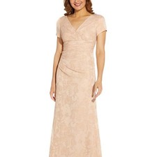 ADRIANNA PAPELL Embroidered Gathered-Waist Gown Blush Gold Size 6 Modest $249