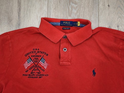 Polo Ralph Lauren Shirt Mens Large Embroidered Flag USA Slim Fit Vintage Red - Picture 2 of 18