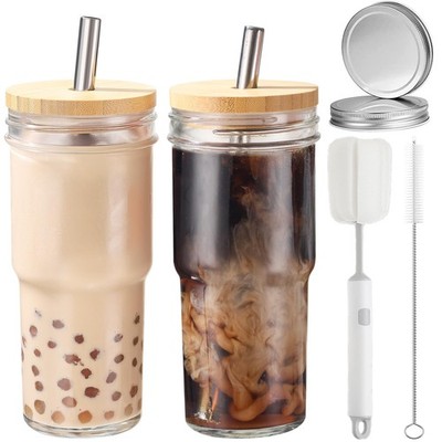 2 Pcs 24 oz Glass Cups With Lids and Straws & 2 Airtight Lids, Reusable Smoot...