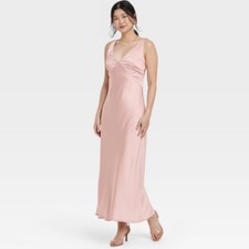 A New Day Womens Satin Slip Maxi Dress Light Pink V-Neck Sleeveless Gown S NEW