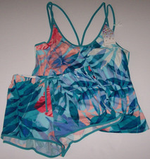 NWT In Bloom by Jonquil AQUA BLUE/PINK LEAFY Knit Pajama/Lounge SHORTS Set XL