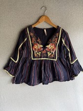 Raga Anthropologie Blouse Womens Small Blue Floral Embroidery Gauze Flutter Boho