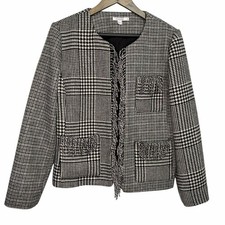 Chico  s Mixed Tweed Fringe Jacket Black/White size 2/Large/12 Blazer Open Front