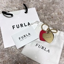 FURLA Heart Key Ring Red Leather Gold Unused Accessories Set