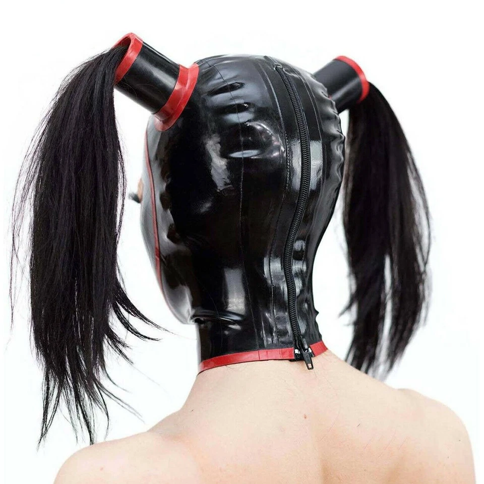Black Latex Hood with Red Trim Can Add Ponytail Wig Back Zipper Club Rubber Mask - Image 3 of 4