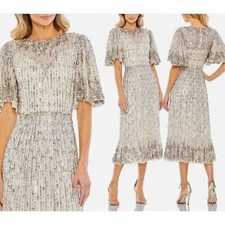 NWT MAC DUGGAL 5579 NUDE SILVER FLOUNCE SLEEVE MIDI DRESS $578 16