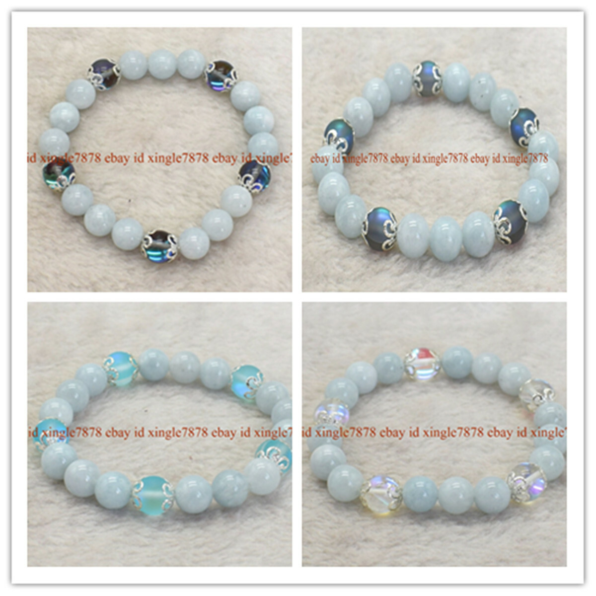 Natural 10mm Blue Aquamarine & Multi-Color Moonstone Elastic Bracelet 7.5