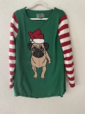 Pug Dog Santa Hat Ugly Christmas Sweater Green W/ Red Striped Sleeves Size Small