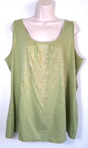 Avenue Women Size 18 / 20 Tank Top Green Gold Relaxed Fit Sleeveless 100% Cotton