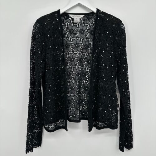 Vintage Misook Jacket Cardigan Small Crochet Lace Rhinestones Evening Statement