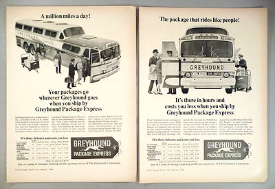Greyhound Bus Package Express PRINT AD - 1966 ~~ LOT of two ads
