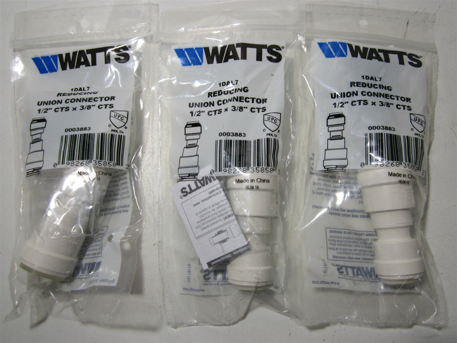 Watts 1/2" x 3/8" CTS White Pex or Copper Tube Reducing Union Adapter (Lot of 3)