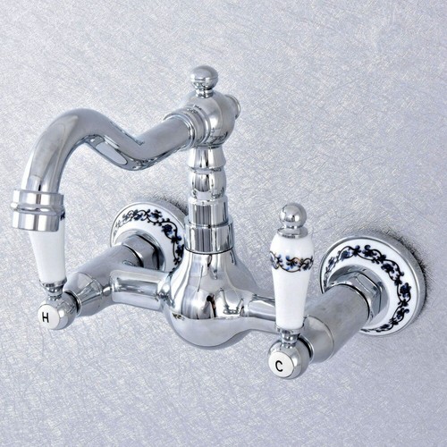 Cromo montado en la pared Baño Lavabo de cocina Grifo de fregadero Grifo mezclador de dos manijas - Imagen 4 de 8