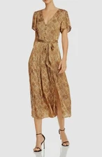 $480 Paige Women's Brown Alayna Snakeskin-Print Belted V-Neck Midi Dress Size XS