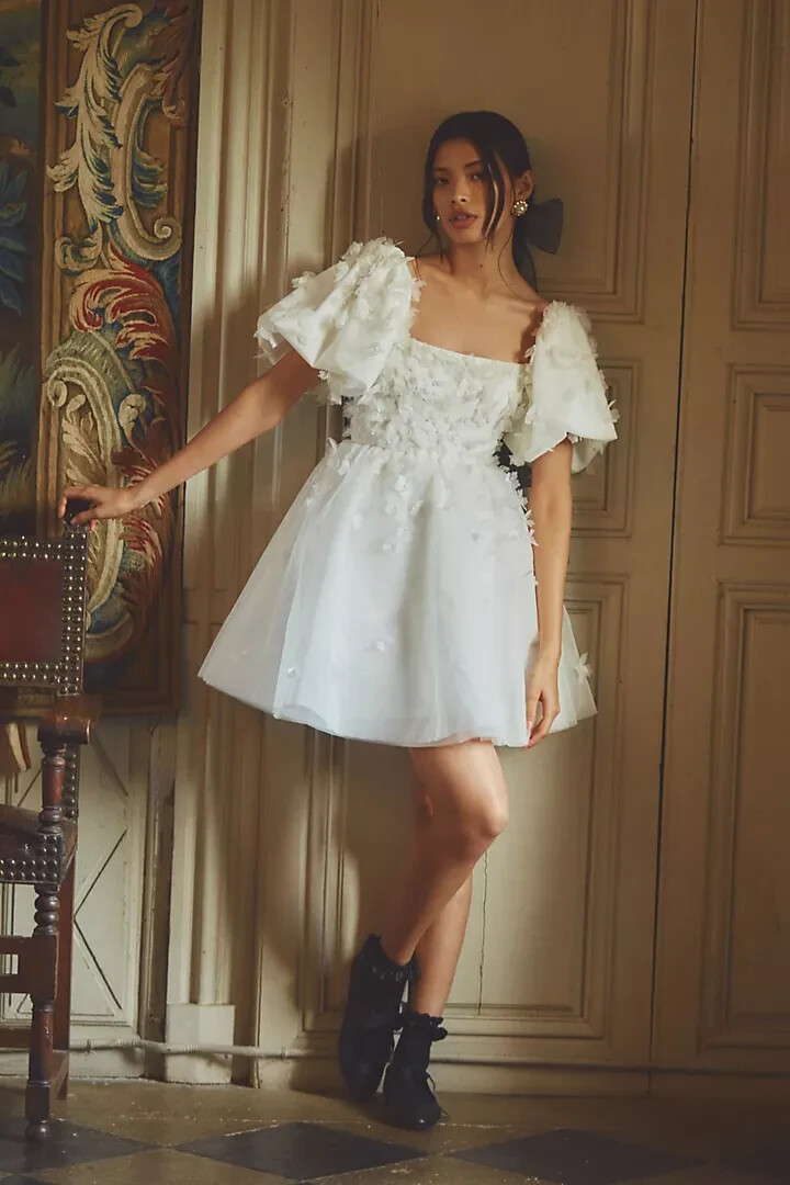 mini puffy dress Jazmin Short Sleeved Organza party celebrations Styling Blossom Floral Embellished Bustier Puffy