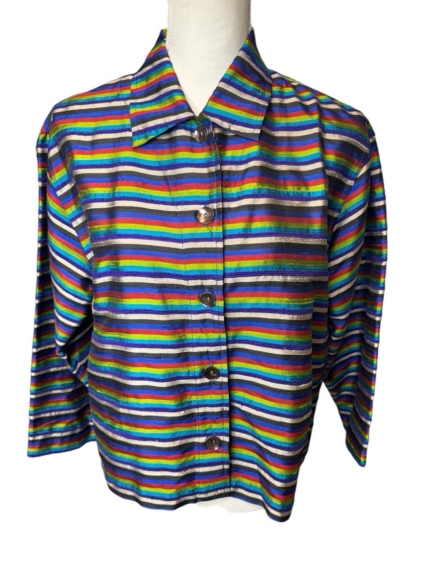 Chico’s Art To Wear 100% Silk Multi Color Striped Blouse Jacket Pockets Sz  S/M