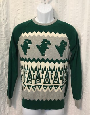 Cat Jack Boys XL (16) Green Dinosaur Pullover Holiday Sweater - Main Image