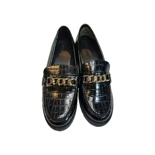 Mocasines antiguos azul marino para mujer 8,5 negro cocodrilo imitación cuero tacón grueso correa con acento dorado Foto 2 de 4