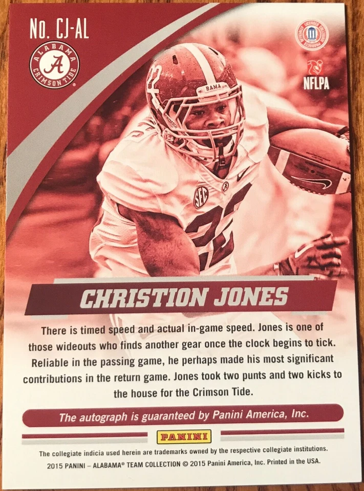 2015 Panini Alabama Team Collection Autograph Christion Jones CJ-AL Crimson Tide - Image 2 of 2