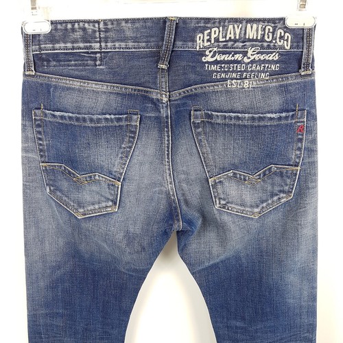 Replay Jeans Waitom Uomo W29 L30 Blu Regular Straight Distressed Denim - Foto 4 di 7