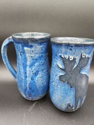 2 Studio Art Pottery Mugs Hand Thrown Blue Glaze w Moose Design Signed 16 oz