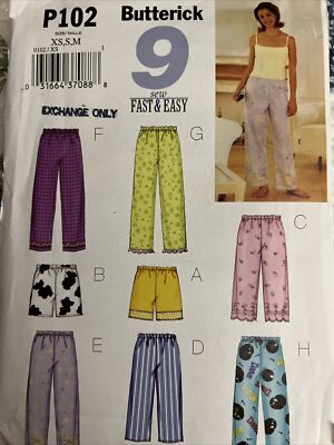 Butterick Pattern 9 Fast And Easy Pull On Pants Shorts Top Sz XS-Med  Uncut