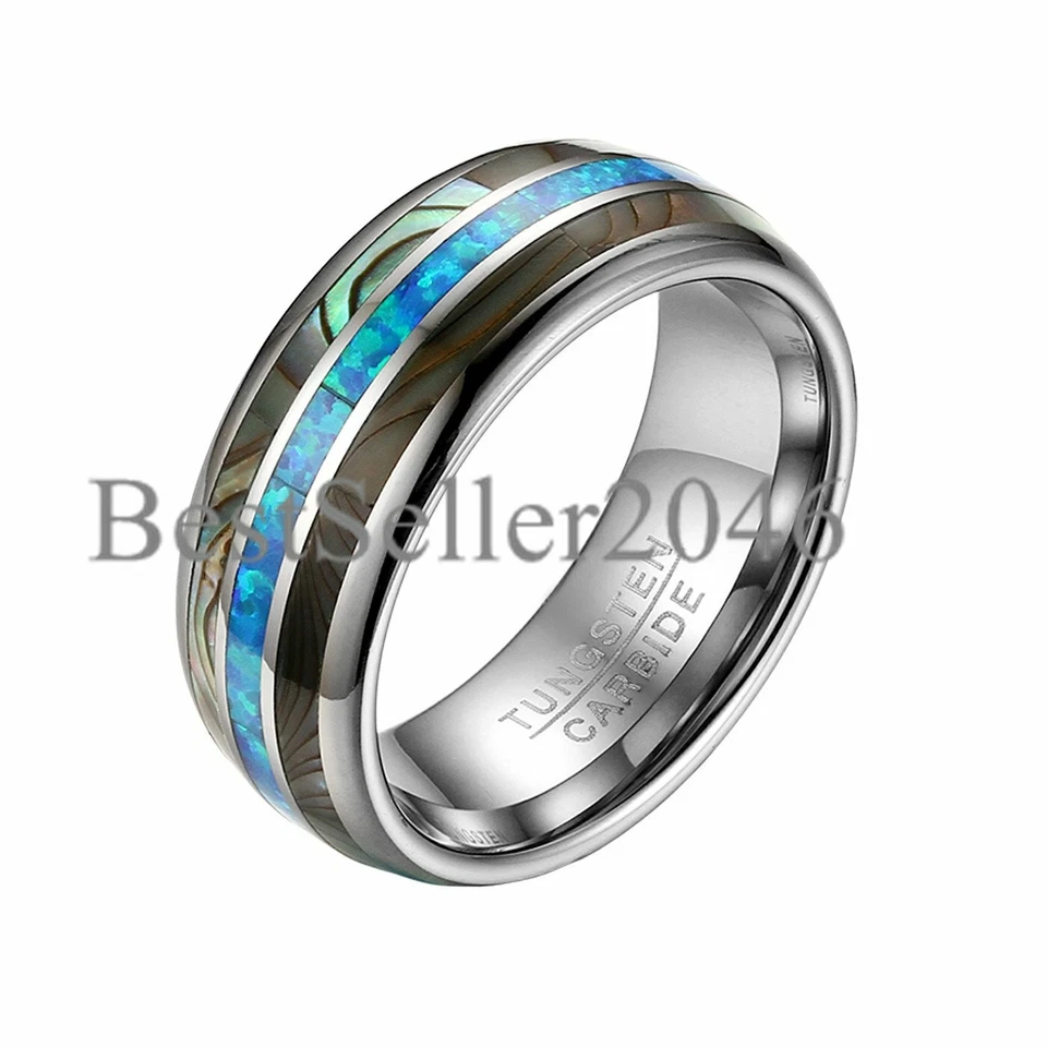 8mm Men Women Tungsten Ring Real Green/Pink Opal Abalone Shell Wedding Band - Image 2 of 4