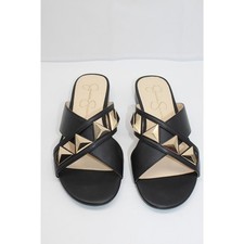 NWT Jessica Simpson Black Gold Pyramid Studs Mule Slip On Stylish Summer Sandals