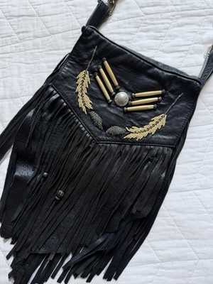 Tribe America Leather Black Fringe Beaded Shoulder Bag Western Indian Nickel