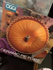 PUMPKIN PIE PLATE WITH LID OGGI CERAMIC SERVER DECORATIVE FALL  