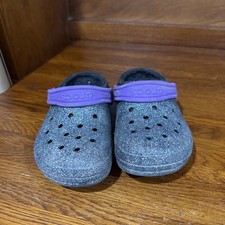 Crocs Classic Lined Glitter Clogs Purple Strap Black Youth Size 1