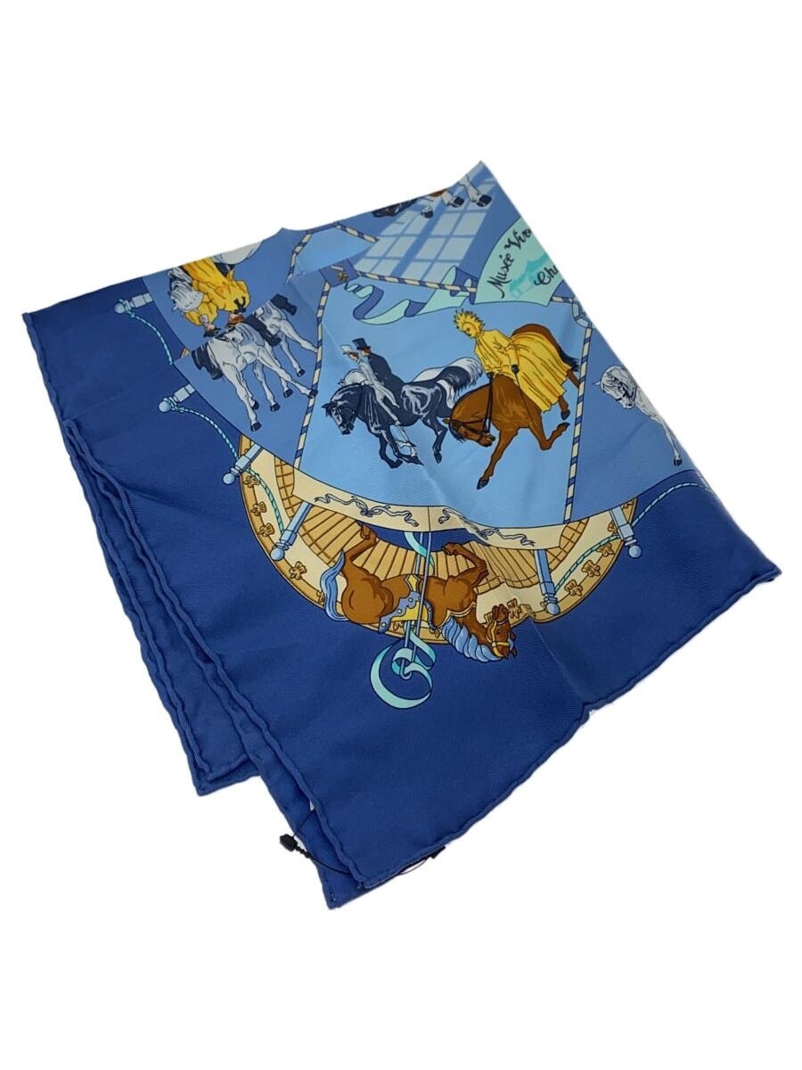 Vintage HERMES Silk Scarf Blue All Over Pattern Musee Vivant du Cheval