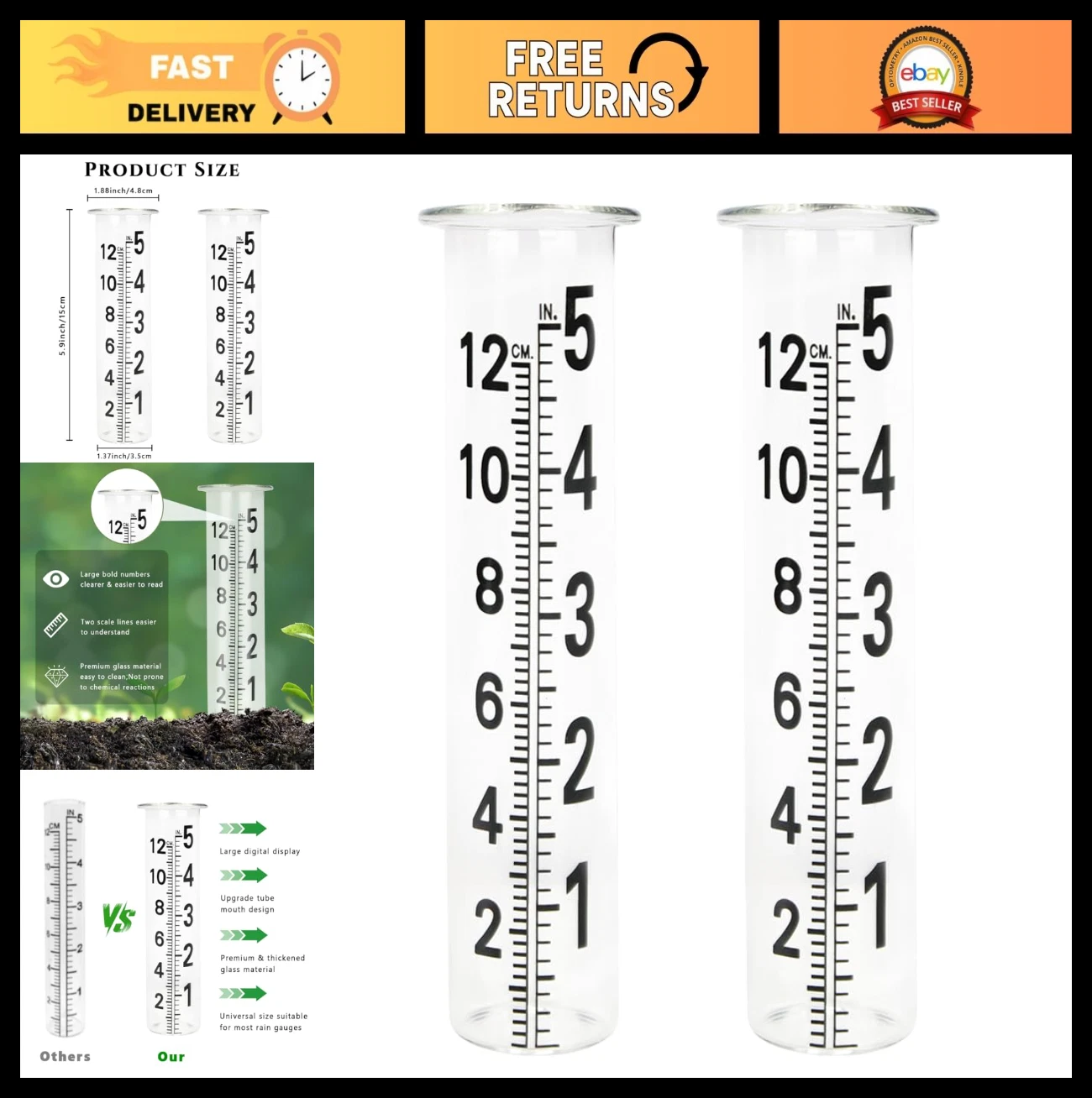 2 Pack 5'' Capacity Glass Rain Gauge Replacement Tubes for Garden & Outdoor Use